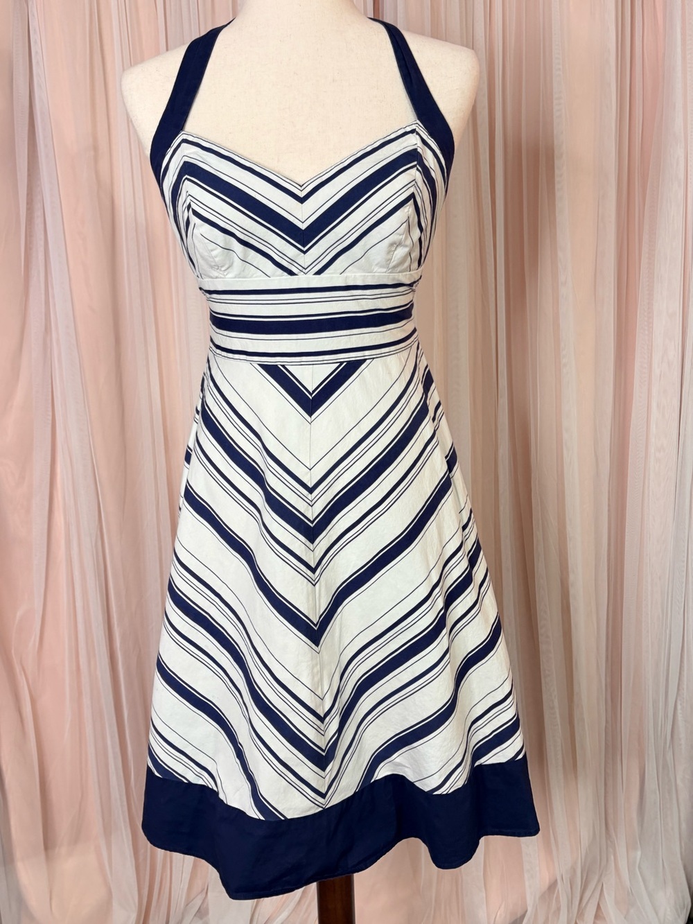 Teeze Me Navy & White Striped Halter Fit-and-Flare Dress